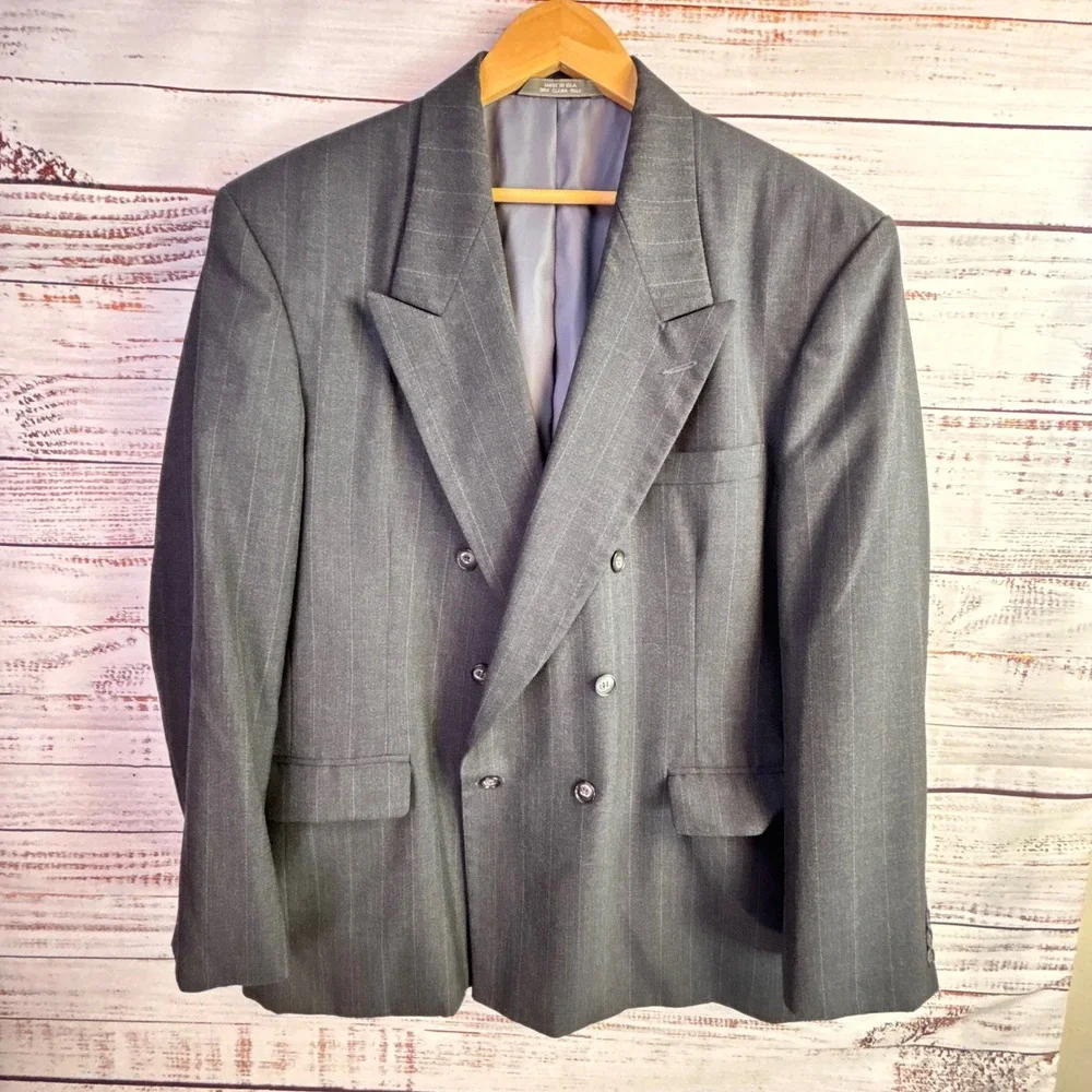 Vintage Double Breasted Blazer 48L Wide Lapel Peak Gray Pinstripe Tailored Mob